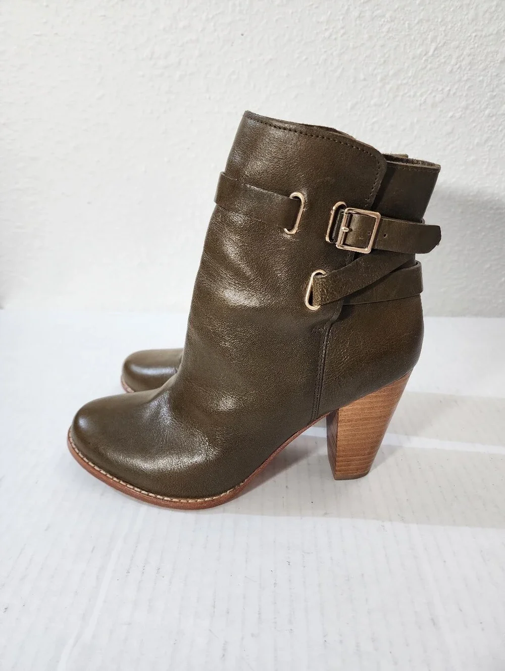 Joie Easton Women Olive Leather Buckle Boho Ankle  Boots Block Heel Rustic 38.5